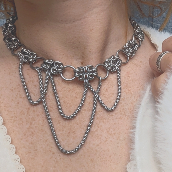 Handmade stainless steel maille thick choker chain double bizantine link pattern - Picture 8 of 10